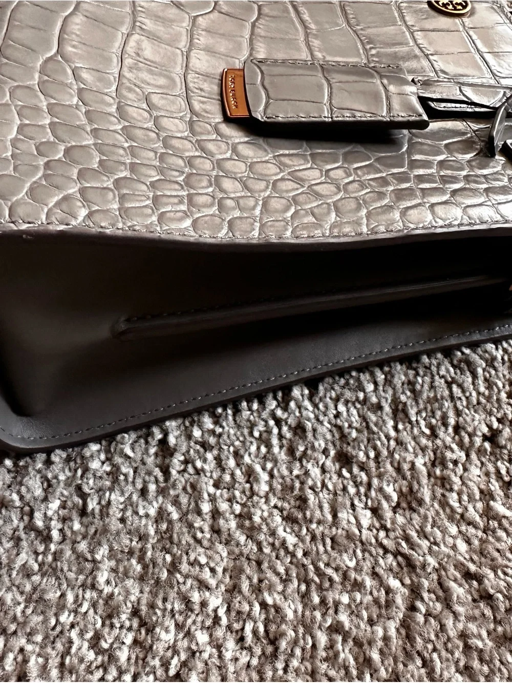 Tory Burch Gray Croc-Embossed Satchel with Gold Logo, missing long strap